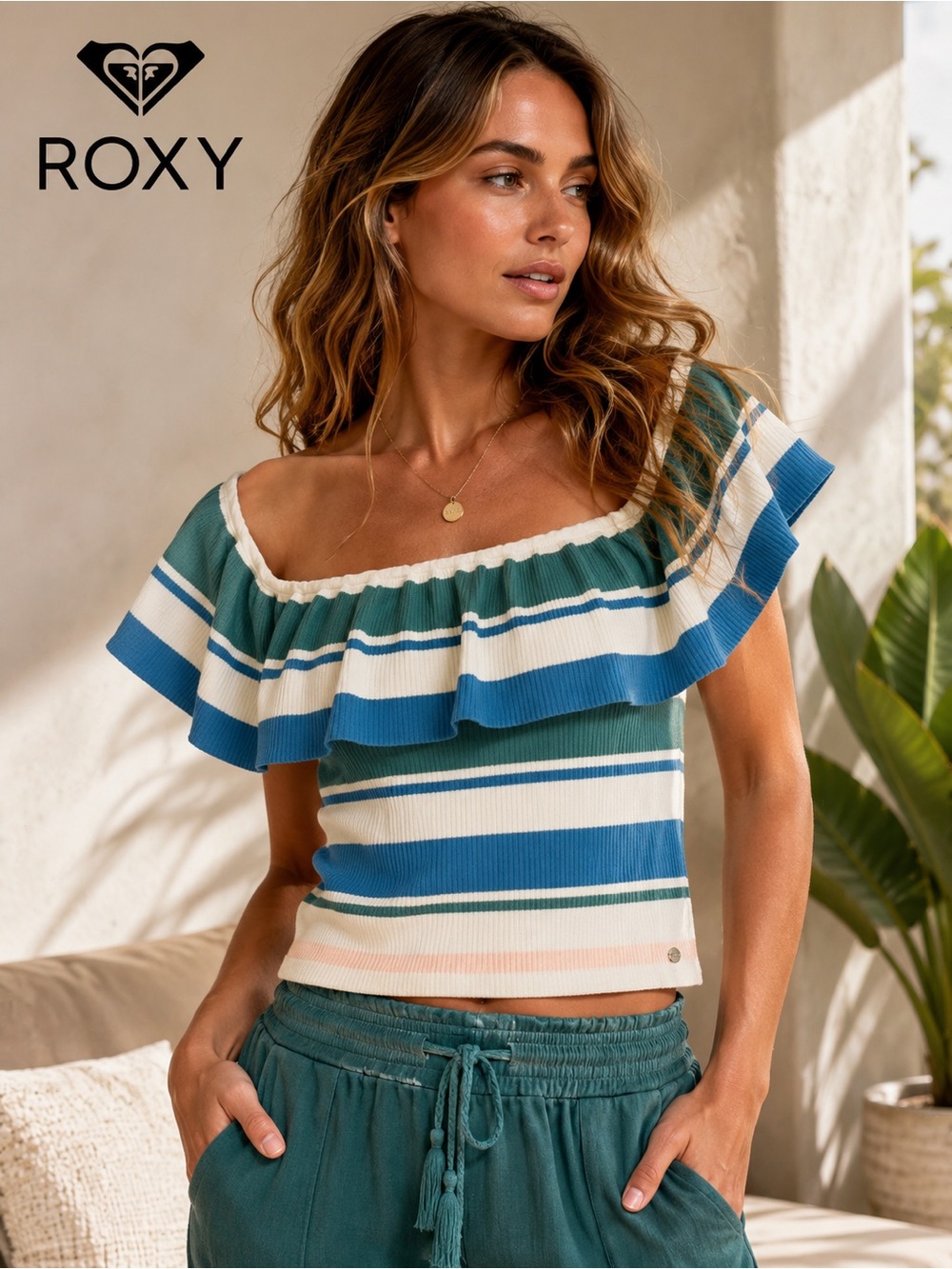 Roxy Extra Tropical Love Off Shoulder Crop Top XL Striped Ruffle 100% Cotton A2